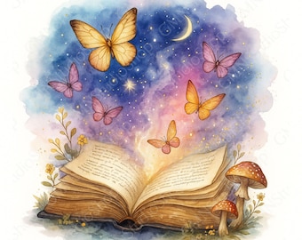 May include: Watercolor illustration of an open book with butterflies emerging from the pages. The background features a starry night sky with a crescent moon. Mushrooms and flowers are at the base of the book, creating a whimsical, fantasy theme.