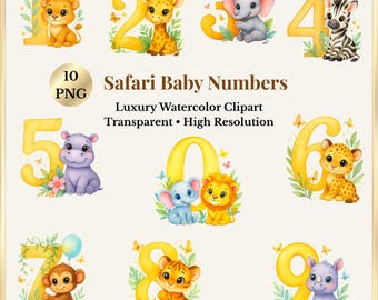 Safari Baby Tiere Zahlen Clipart | Aquarell PNG (Digitaler Download)