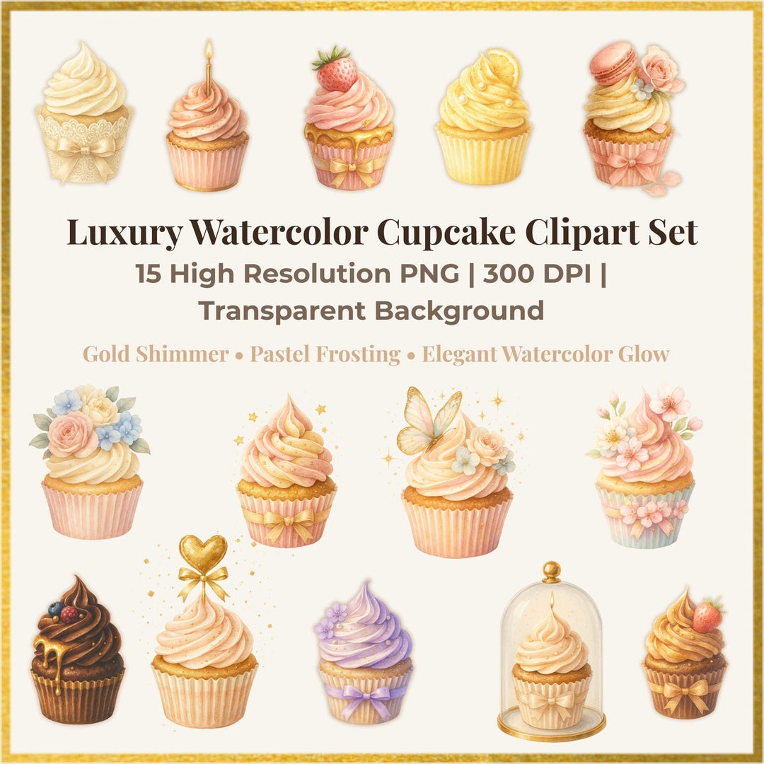 Watercolor Cupcake Clipart Set, Gold Frosting (15 PNG) - Etsy