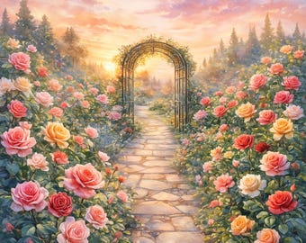 May include: A watercolor painting of a rose garden with a stone path leading to an archway. The garden is filled with pink, red, and yellow roses. The sky is a mix of pink, orange, and yellow.