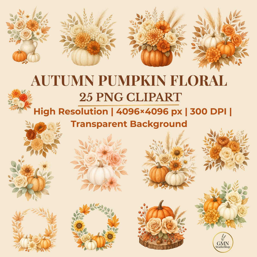 Autumn Pumpkin Floral Clipart: Watercolor PNG Set (digital Download) - Etsy