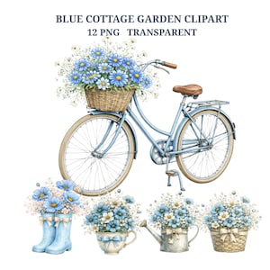 Peut inclure: Ensemble de cliparts aquarelle avec un vélo bleu orné d'un panier de fleurs bleues, ainsi que d'autres compositions florales dans des bottes, des tasses, un arrosoir et un panier. Le texte en haut indique "BLUE COTTAGE GARDEN CLIPART 12 PNG TRANSPARENT."