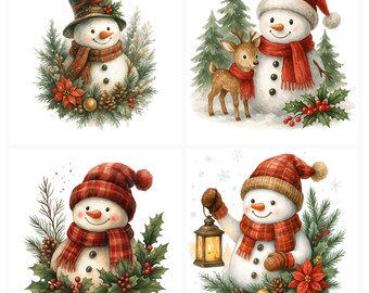 Vintage Snowman Clipart: Christmas Watercolor Art (Digital Download)