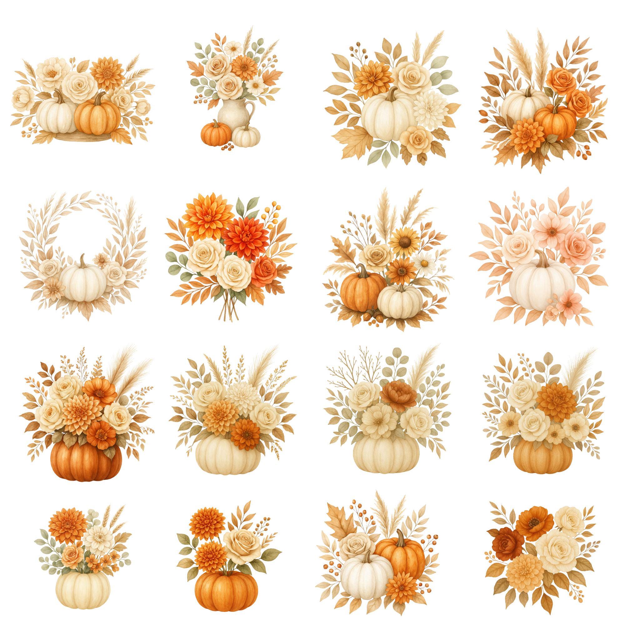 Autumn Pumpkin Floral Clipart: Watercolor PNG Set (digital Download) - Etsy
