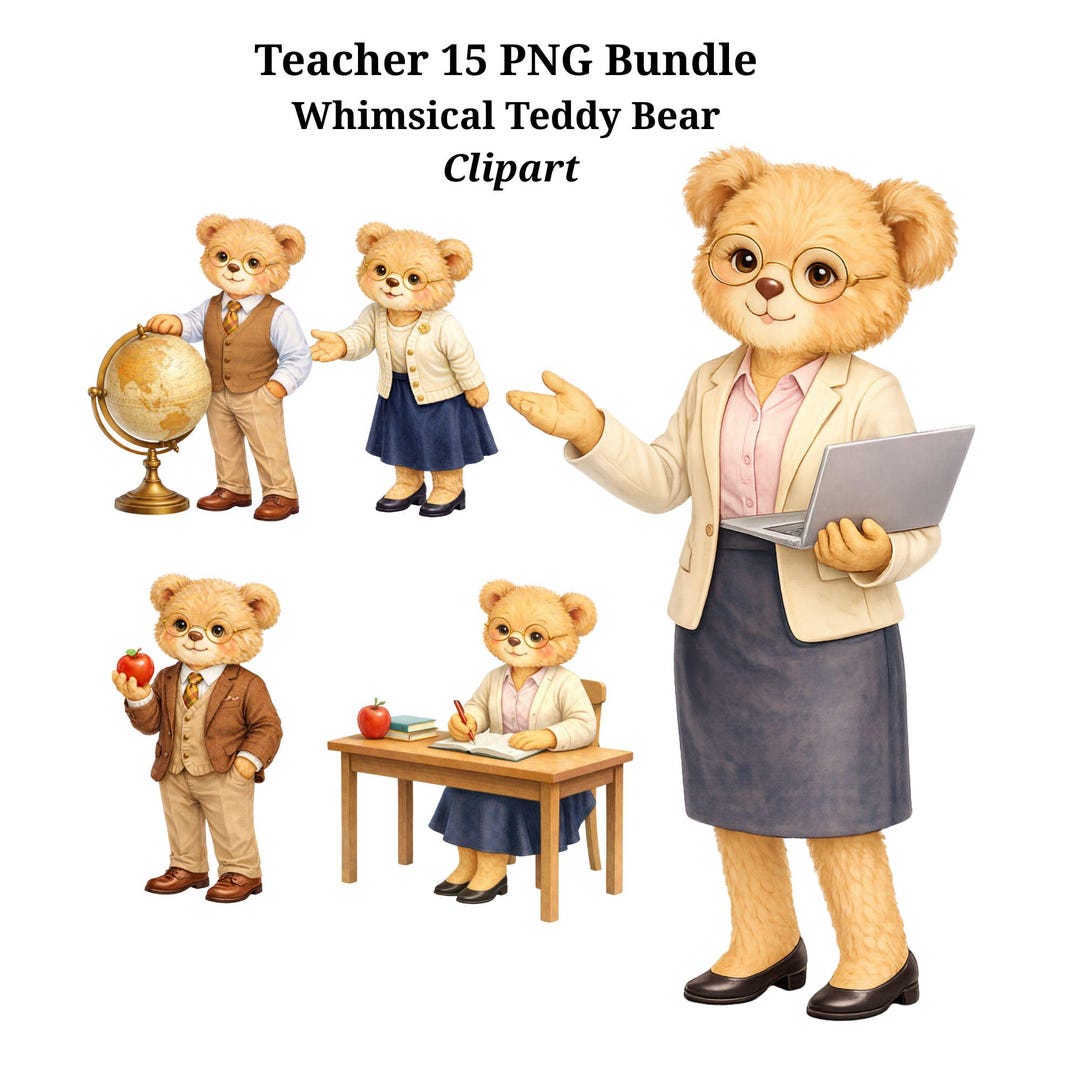 Teacher Teddy Bear Clipart Bundle, Whimsical School PNG (digital ...