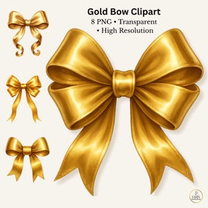 Puede incluir: Clipart de lazo dorado con tres diseños de lazo diferentes en un tono dorado metálico. Los lazos tienen una apariencia realista y texturizada. El texto en la parte superior dice "Gold Bow Clipart" y enumera los detalles de la imagen.