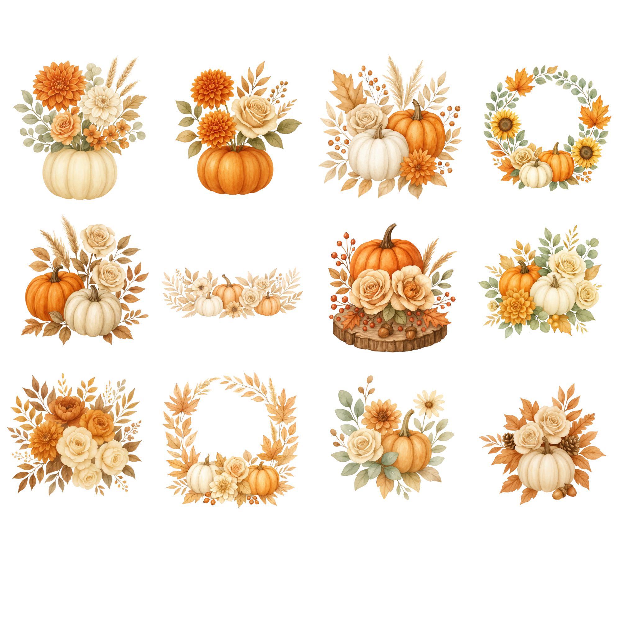 Autumn Pumpkin Floral Clipart: Watercolor PNG Set (digital Download) - Etsy