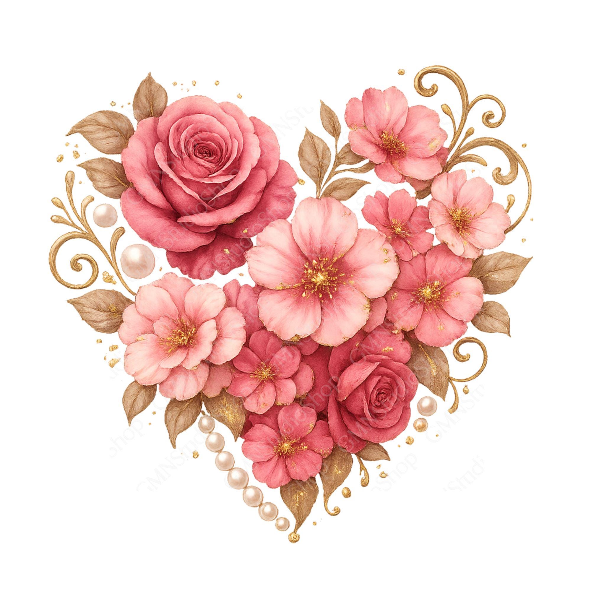 Floral Heart Watercolor Clipart, Pink Flowers (digital Download) - Etsy