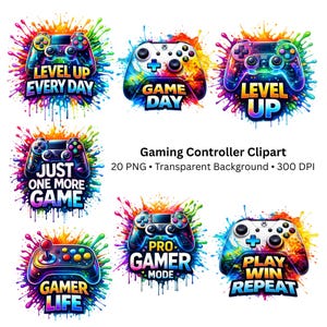 May include: A collection of colorful gaming controller clip art designs. Each controller features vibrant colors and text such as "Level Up Every Day", "Game Day", and "Play Win Repeat". The designs are set against a splash of paint.