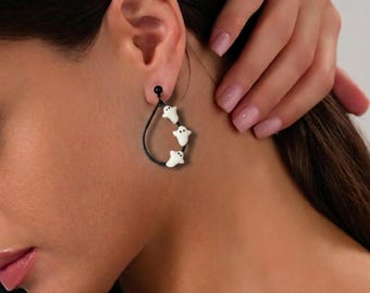 Cute Ghost Earrings, Halloween Polymer Clay Dangles, Spooky Jewelry
