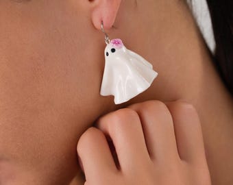 Cute Ghost Earrings with Flower, Unique Halloween Earrings, Spooky Polymer Clay Dangles, Handmade Gift for Her