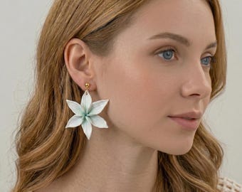 Large Pastel Lily Flower Earrings, Floral Polymer Clay Statement Jewelry