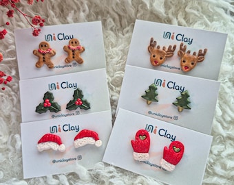 Christmas Stud Earrings Set | Polymer Clay Holiday Jewelry | Stocking Stuffer Gifts