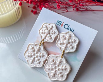 Elegant White Snowflake Earrings, Winter Bridal Jewelry, Polymer Clay Statement Dangle