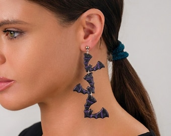 Statement Trio Bat Earrings, Long Spooky Dangles, Goth Halloween Jewelry