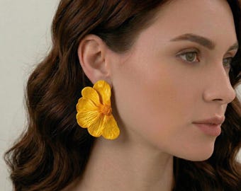 Large Colorful Flower Studs, Textured Polymer Clay Botanical Earrings, Summer Vacation Jewelry