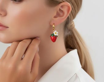Berry Charm Hoop Earrings, Handmade Polymer Clay Summer Fruit Jewelry