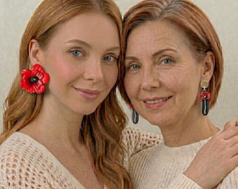 Mother Daughter Earring Set, Polymer Clay Red Poppy Earrings, Matching Mom and Me Jewelry, Handmade Floral Gift for Mom