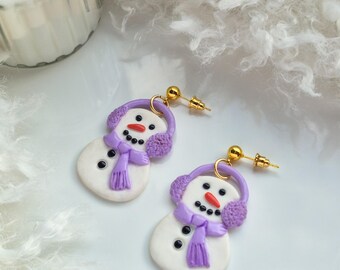 Handmade Polymer Clay Snowman Earrings, Purple Winter Scarf