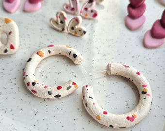 Terrazzo Love Clay Earrings, Speckled Hoops or Studs, Valentine's Gift, Free Heart Studs Included