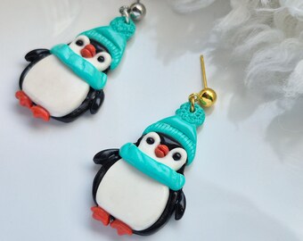 Handmade Polymer Clay Penguin Earrings, Teal Winter Beanie, Gift Jewelry