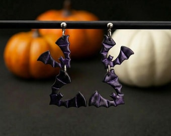 Bat Dangle Earrings, Shimmery Halloween Jewelry, Spooky Polymer Clay