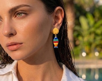 Colorful Fish Earrings, Rainbow Polymer Clay Dangles, Fun Summer Beach Jewelry