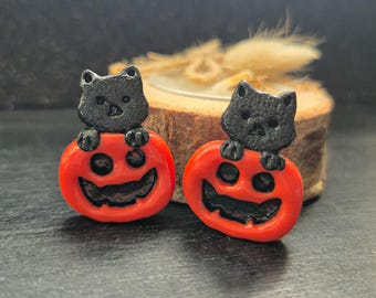 Black Cat Pumpkin Earrings: Halloween Polymer Clay Jewelry