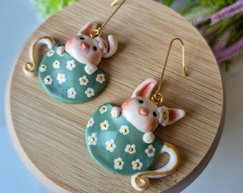 Hand Sculpted Bunny in Teacup Earrings,Polymer Clay Easter Jewelry