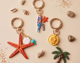 Summer Theme Bag Charm, Polymer Clay Ocean Keychain, Tropical Beach Keyring