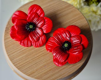 Red Poppy Flower Stud Earrings, Large Floral Statement Jewelry, Polymer Clay Botanical Studs