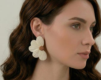 Large  Ivory Flower Earrings, Textured Clay Statement Studs, Spring Mothers Day Gift