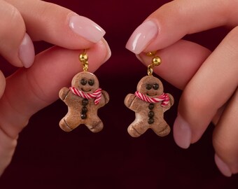 Gingerbread Man Earrings, Christmas Clay Earrings, Holiday Jewelry Gift + Brooch Add-On