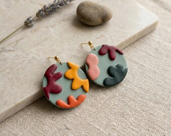 Large Abstract Floral Polymer Clay Earrings, Earthy Tone Statement Dangles