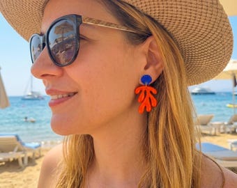 Funky Summer Beach Earrings, Bright Orange and Cobalt Blue Polymer Clay Drop