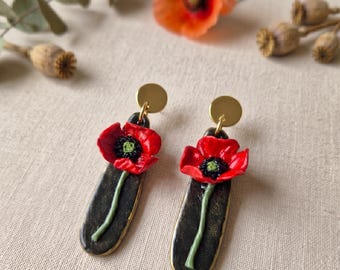 Red Poppy Polymer Clay Earrings, Floral Dangle Statement Jewelry, Spring Mothers Day Gift