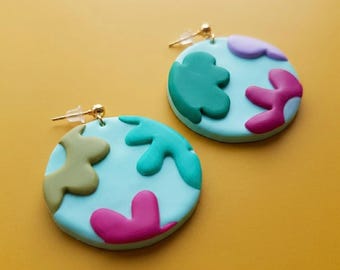Large Abstract Floral Polymer Clay Earrings, Colorful Summer Statement Dangles