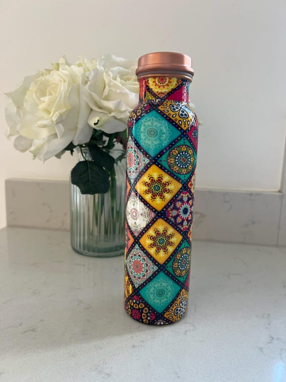 Pure Copper Water Bottle, Decorative Indian Print, 1 Litre Capacity, Leak-Resistant Flask