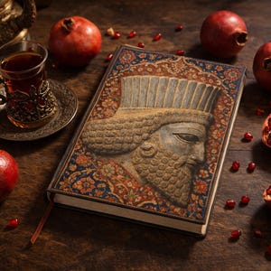 Op de afbeelding: Een stilleven met een gedetailleerd dagboek met een bas-reliëf van een historisch figuur, omringd door granaatappels, een glas thee en decoratieve metalen voorwerpen. Het dagboek heeft een rood lint als bladwijzer. De scène speelt zich af op een donker houten oppervlak.