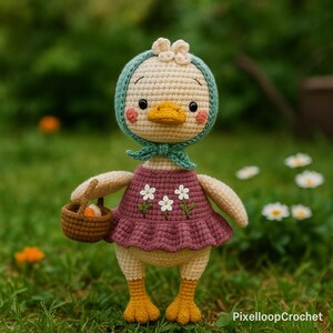 May include: A handmade crochet duckling doll with a teal bonnet, a mauve dress adorned with white flowers, and a small basket. The duckling has a yellow beak and feet, and rosy cheeks. The doll is standing on green grass.