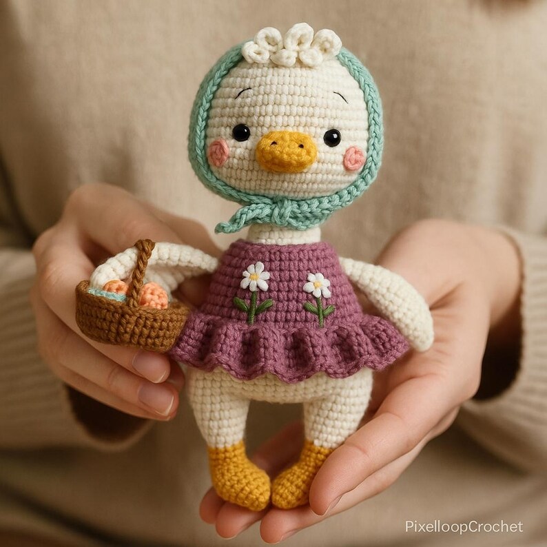 May include: A handmade crochet duck doll with a white body, wearing a purple dress with daisy accents and a green bonnet. The duck holds a small brown basket with orange objects. The doll has a yellow beak and feet.