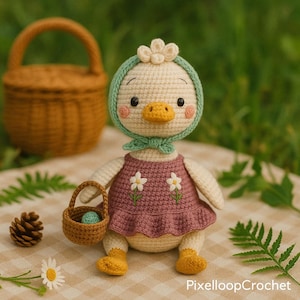 May include: A handmade crochet duck doll with a bonnet and dress, holding a small basket. The duck has a yellow beak and feet, with a pink dress embroidered with white flowers. A woven basket and pinecone are in the background.