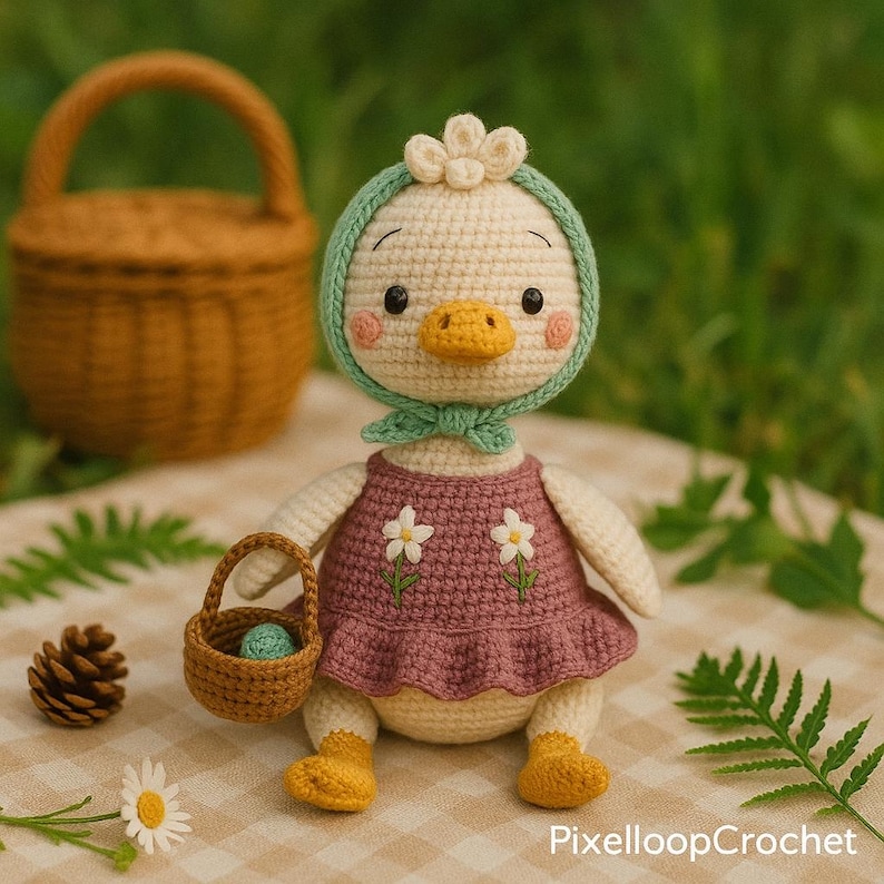 May include: A handmade crochet duck doll with a bonnet and dress, holding a small basket. The duck has a yellow beak and feet, with a pink dress embroidered with white flowers. A woven basket and pinecone are in the background.