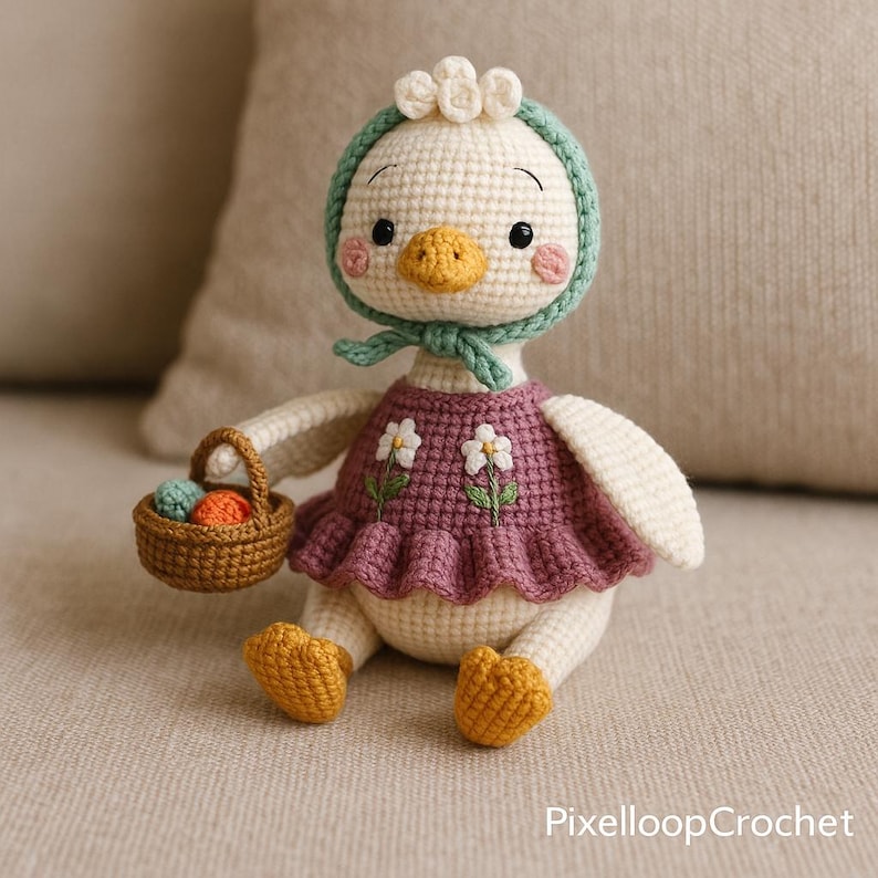 May include: A handmade crochet duck doll with a cream-colored body, wearing a purple dress with white flower embroidery. The duck has a yellow beak, orange feet, and a green bonnet. It holds a small basket with colorful eggs.