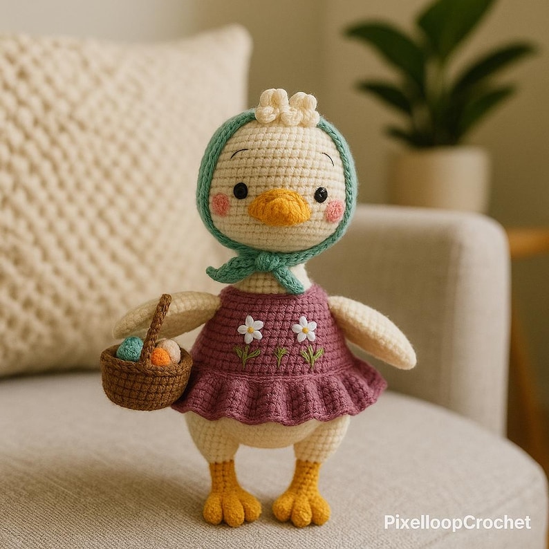 May include: A crocheted duck doll with a cream-colored body, wearing a purple dress with white flower embroidery. It has a teal bonnet and holds a basket with colorful eggs. The duck has an orange beak and feet.