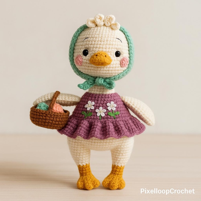 May include: A handmade crochet duck doll with a cream-colored body, wearing a purple dress with white flower embroidery and a green bonnet. The duck holds a small brown basket filled with yarn balls. The duck has an orange beak and feet.