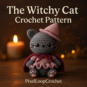 May include: A crocheted gray cat wearing a pink witch hat, dress, and cape. The cat has black eyes and pink accents. The text "The Witchy Cat Crochet Pattern" is at the top, and "PixelLoopCrochet" is at the bottom.