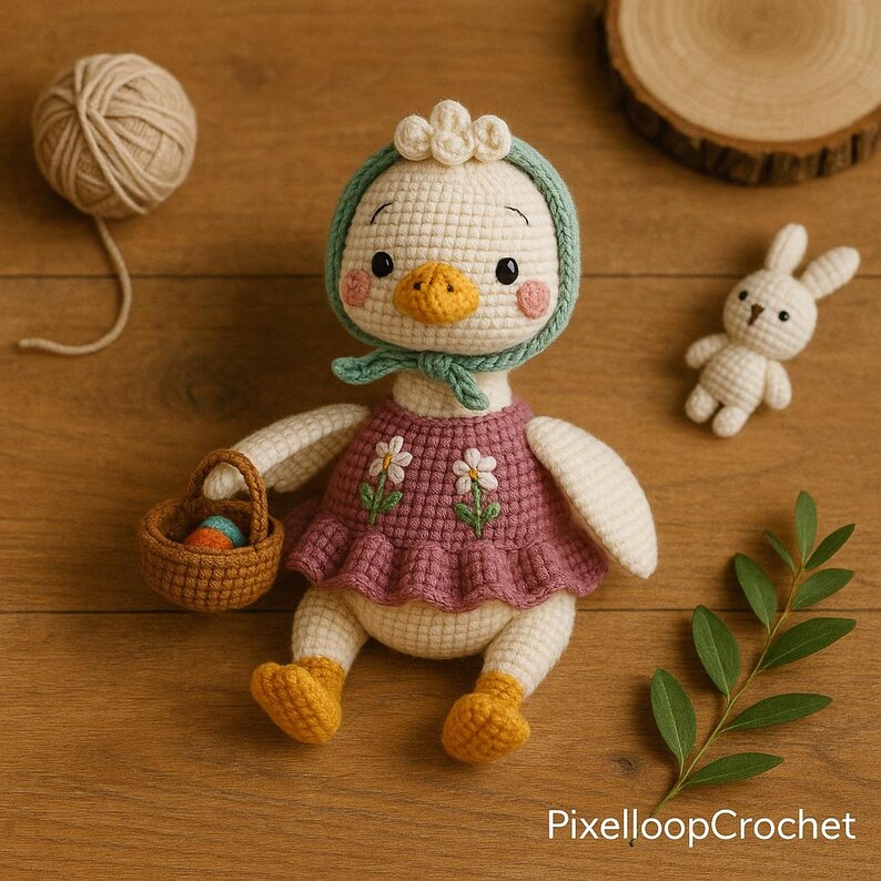 May include: A handmade crochet duck doll wearing a purple dress with white flower embroidery, a green bonnet, and yellow feet. The duck holds a small basket with colorful eggs. A small crochet bunny is also present.