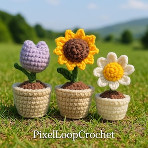 May include: Three crocheted flower plants in small pots. The flowers include a purple tulip, a yellow sunflower, and a white daisy. The pots are beige, and the flowers sit on a bed of brown yarn. The text "PixelLoopCrochet" is at the bottom.