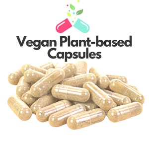 May include: A pile of beige vegan plant-based capsules. The capsules are transparent, revealing a light brown powder inside. The image includes the text "Vegan Plant-based Capsules" with a logo of a capsule and leaves.